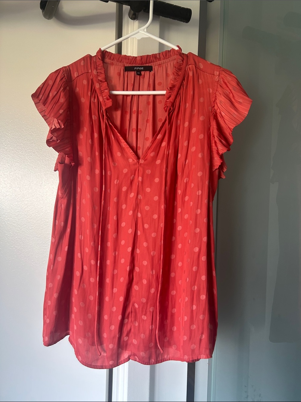 Piper Coral Red Polka Dot Flutter Sleeve V-Neck Blouse